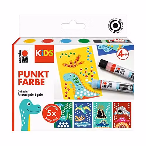 Marabu Kids Set-Dino Dot Pen Art Painting Kit with 4 x 25 ml Ink in Yellow, Red, Blue and Green
