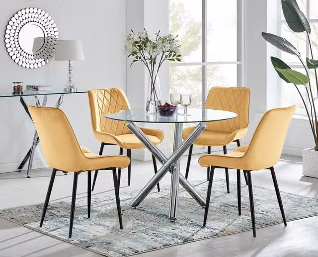 FurnitureboxUK Selina Round Glass Dining Table with Chrome Leg and Pesaro Mustard Upholstered Chairs with Black Legs – 1