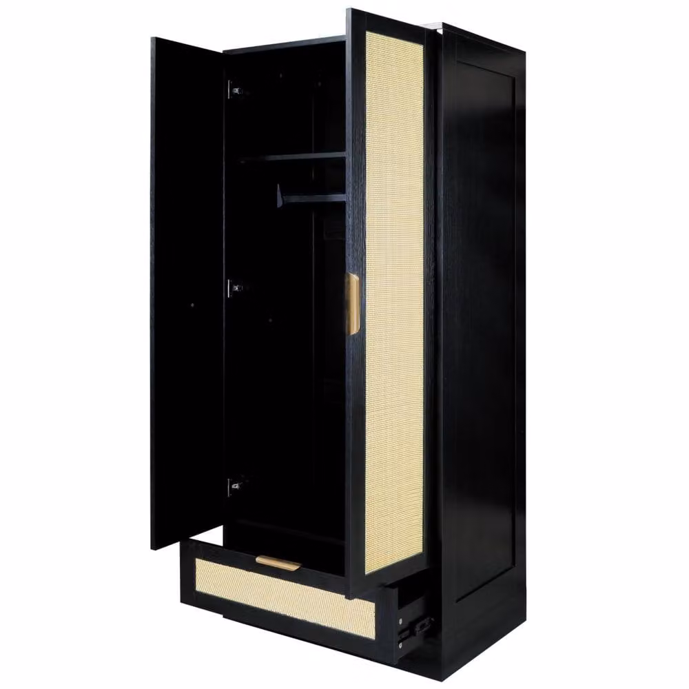 FURNITURE ONE Black 2-Door Rattan Wardrobe Closet with Drawer, H 185 x W 80 x D 55 cm – 3
