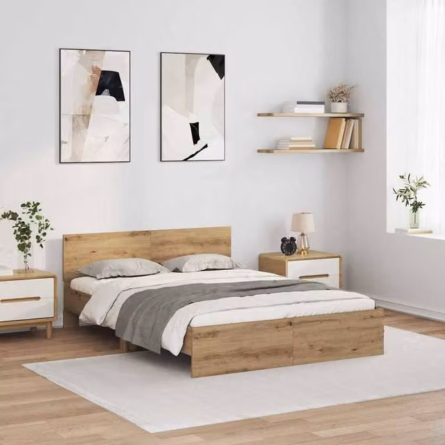 Berkfield Home Artisan Oak Bed Frame with Under-Bed Lighting and Drawers, Brown, W: 135 cm – 1