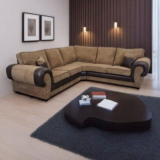 Furnishings For Less UK Portland 5 Seater L Shaped Corner Sofa in Beige Fabric and Synthetic Leather – 1