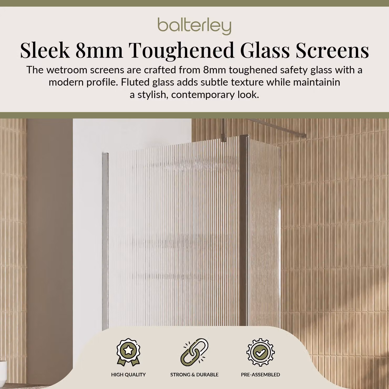 Balterley 8mm Fluted Glass Walk-in Wetroom Screen with Return, Silver and Grey, W: 1400 mm, D: 800 mm – 3