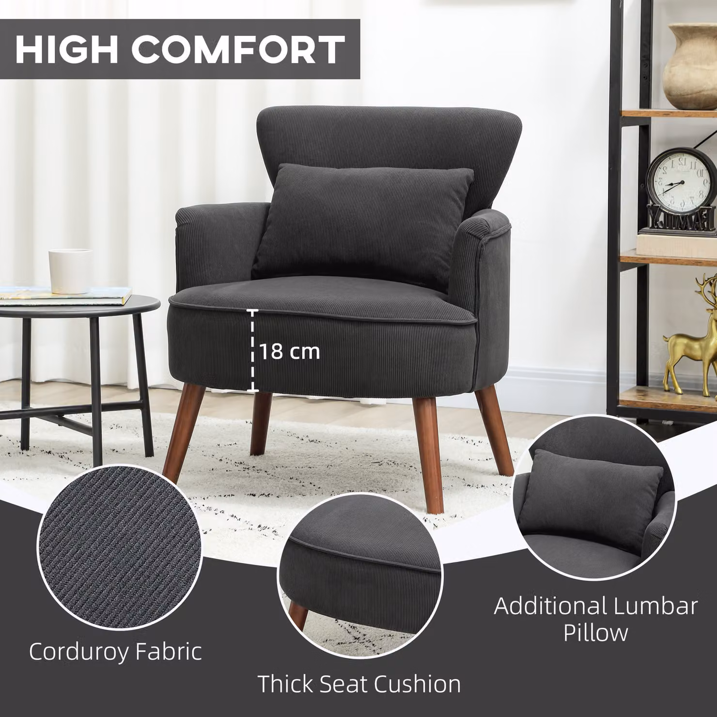 HOMCOM Retro Corduroy Tub Accent Chair with Armrests in Black – 5