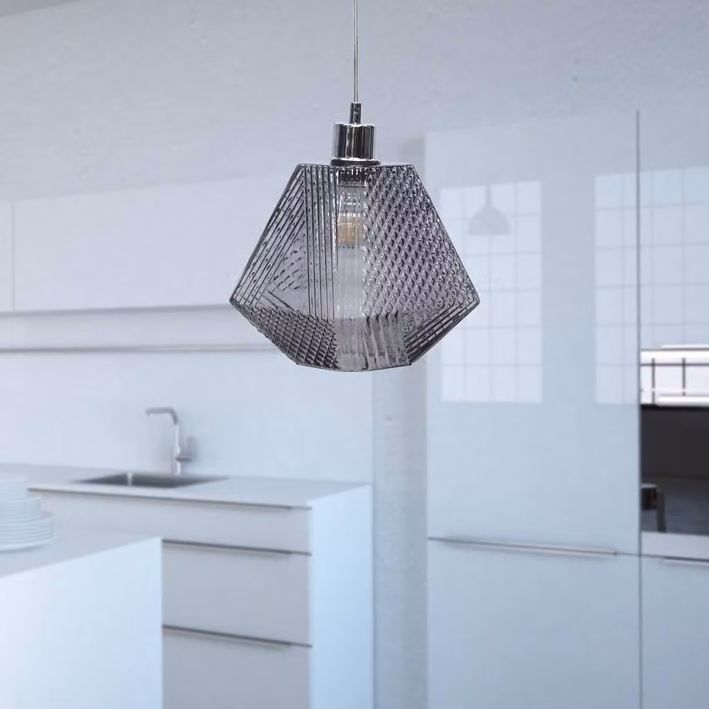 First Choice Lighting Lens Chrome Pendant Light with Smokey Textured Glass in Silver – 2