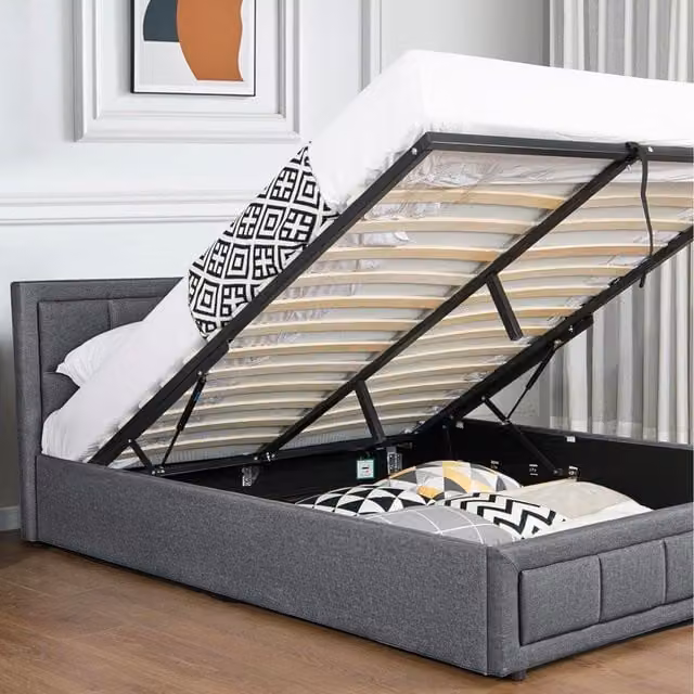Modernique Modern Grey Fabric Upholstered Ottoman Storage Bed with Lift Up Base, W/D/H: 180 x 200 x 158 cm