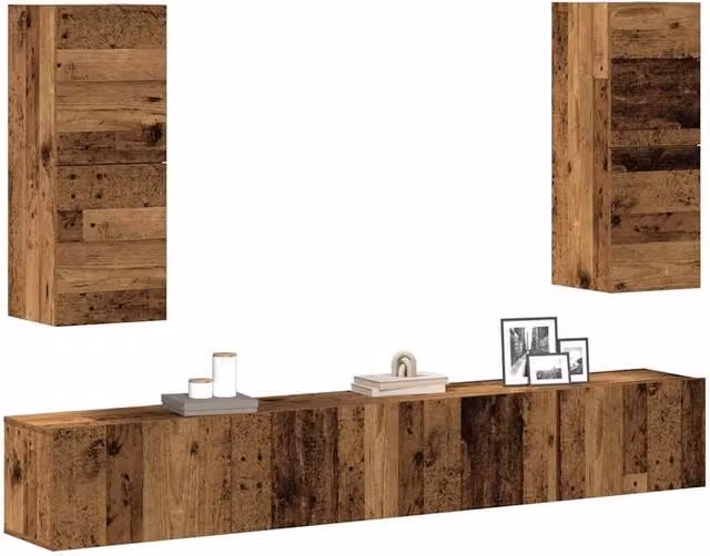 Berkfield Home 4 Piece Wall-mounted TV Cabinet Set in Brown Old Wood Finish – 1