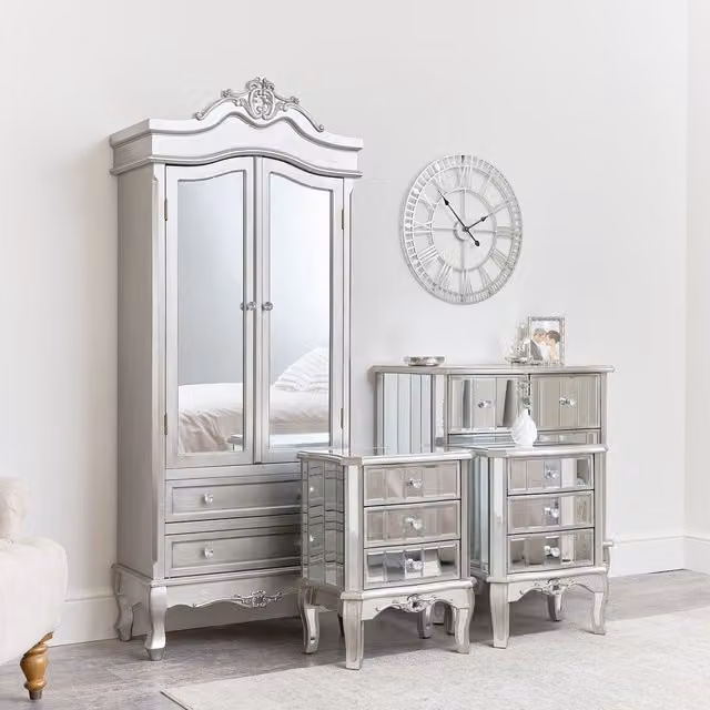Melody Maison Tiffany Range Mirrored Closet, Chest of Drawers and Pair of 3 Drawer Bedside Tables in Metallic Silver