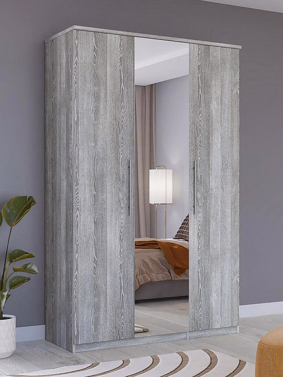 Prague 3 Door Mirrored Wardrobe in Grey with Internal Shelves and Hanging Rod