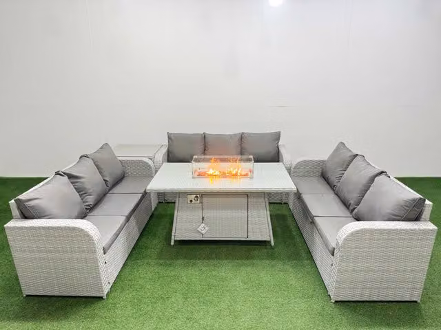 Fimous 9 Seater PE Rattan Outdoor Garden Furniture Set in Light Grey with Firepit Dining Table, 3 Seater Sofa and Side Table