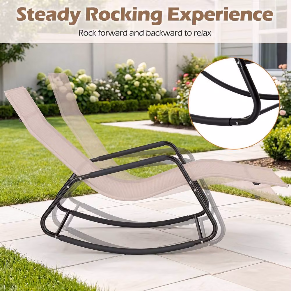 Costway Outdoor Rocking Lounge Chair with Armrests and Back Support Bar in Beige – 5