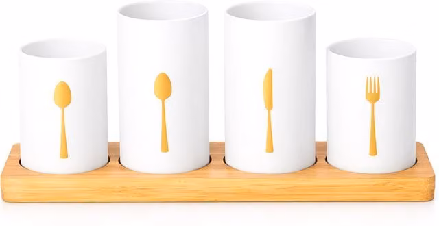 Innoteck 4 Piece Kitchen Cutlery Holder Set with Bamboo Tray and Ceramic Pots in White and Grey