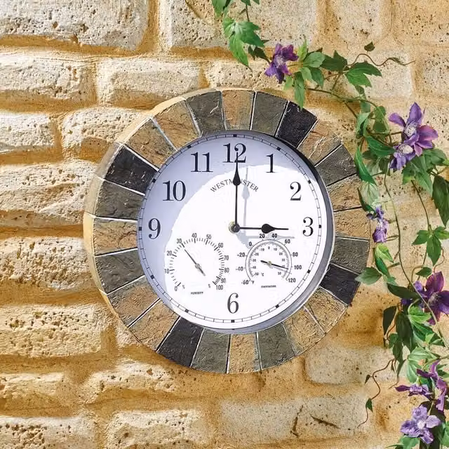 Marco Paul Grey Stone Roman Numeral Analog Clock and Thermometer for Indoor or Outdoor Use, Diameter: 35 cm – 1