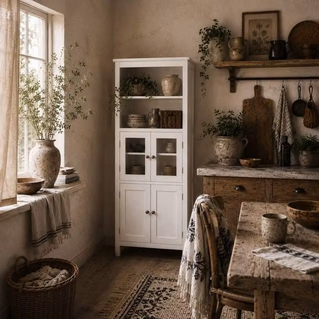Wyld Haus Doke White Tall Kitchen Cupboard with Glass Doors and Internal Shelves – 1