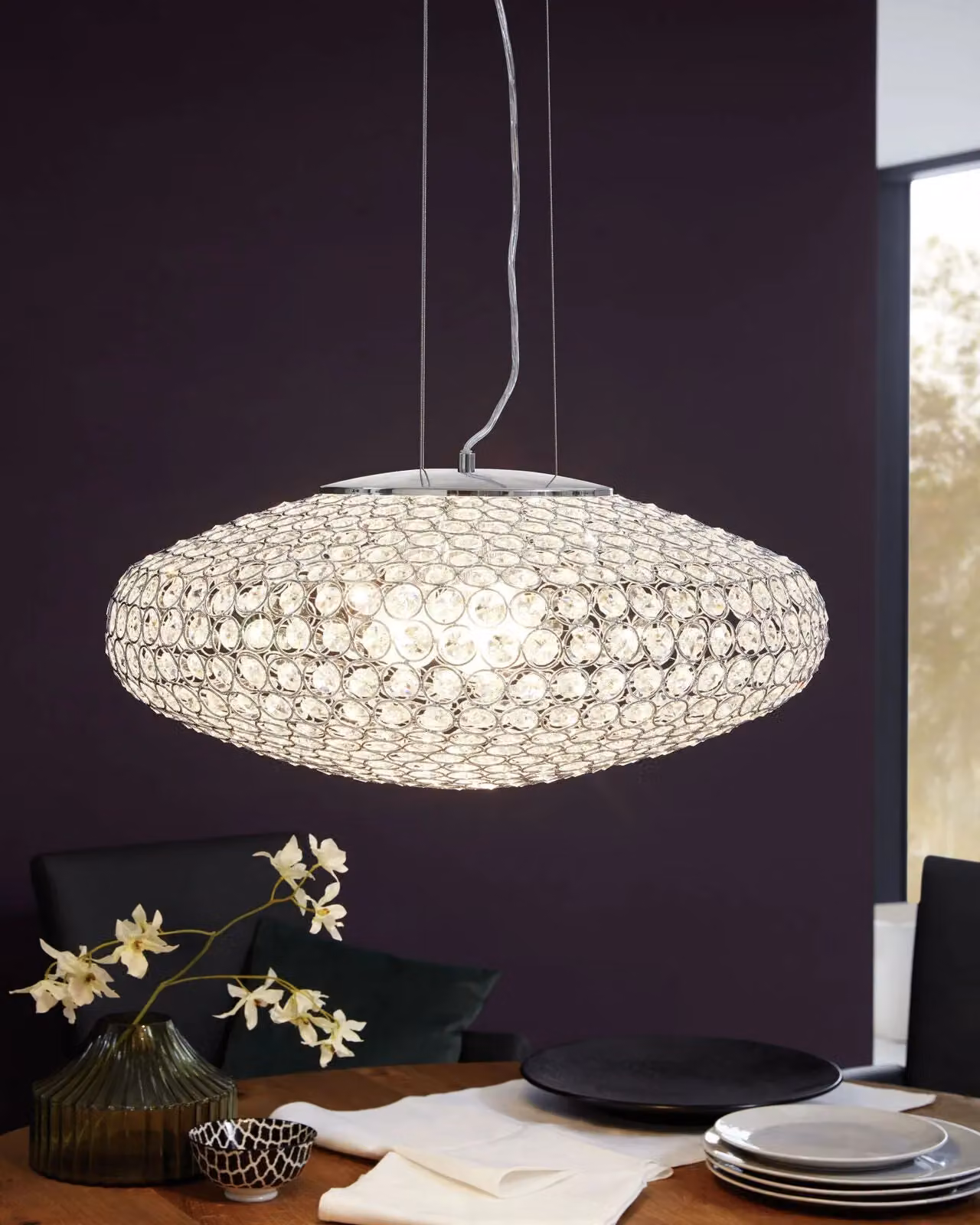 Loops Chrome Plated Pendant Ceiling Light with Clear Crystal Shades and E27 Bulbs – 2