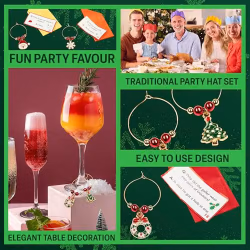 KreativeKraft Luxury Christmas Crackers and Wine Glass Charms Set, 6 Pack, Gold Star and Multicolour – 3