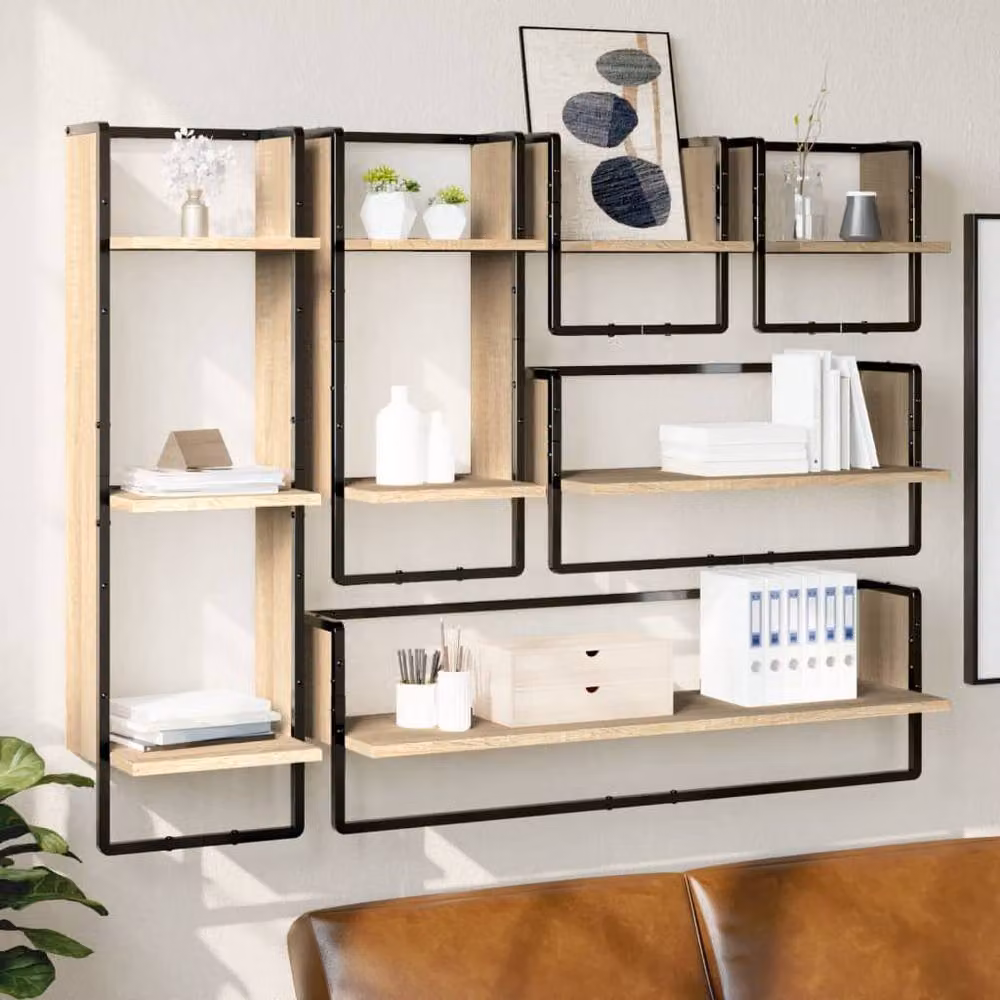 Berkfield Home 6 Piece Wall Mounted Shelf Set with Hanging Rods in Sonoma Oak Brown – 2