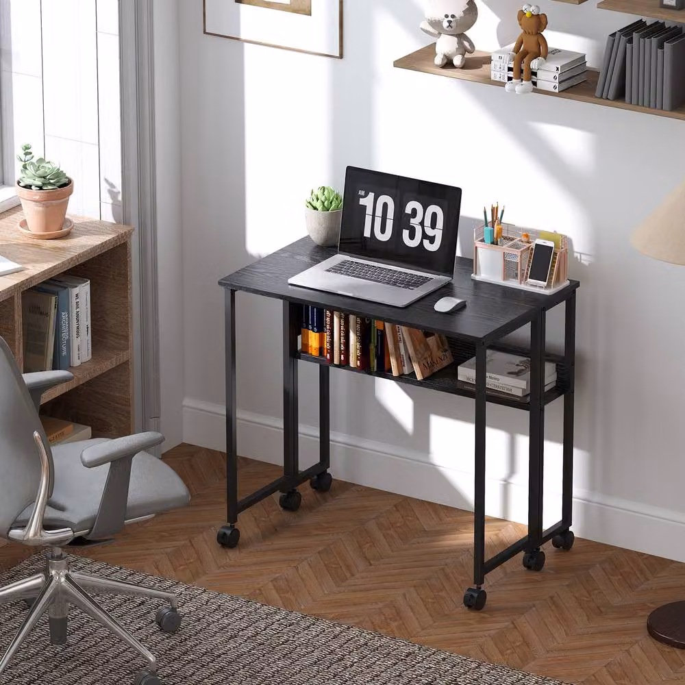 STILVORA Black Foldable Drop Leaf Desk with Castors – 3