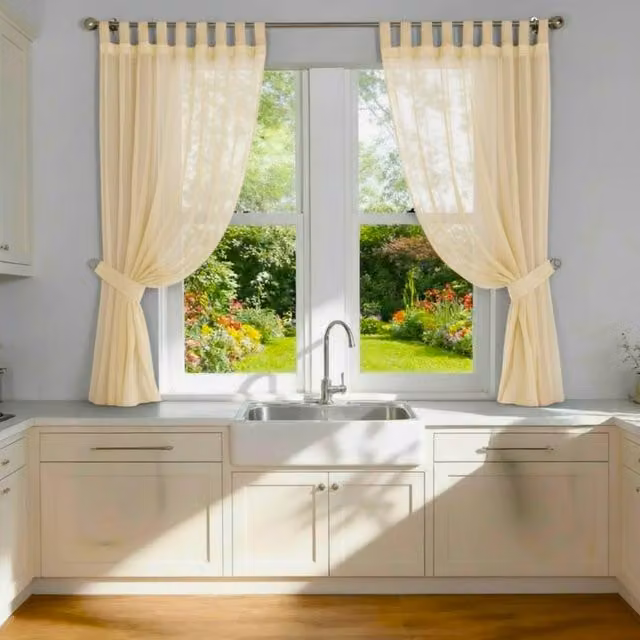 Luxury Living Cream Voile Tab Top Sheer Curtain Pair with Crystal Tie Backs, Width: 145 cm, Drop: 137 cm – 1