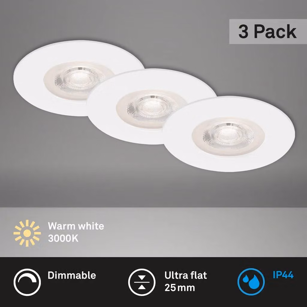 Briloner Set of 3 White Dimmable LED Recessed Lights, Warm White, IP44, D: 9 cm, H: 2.5 cm – 2