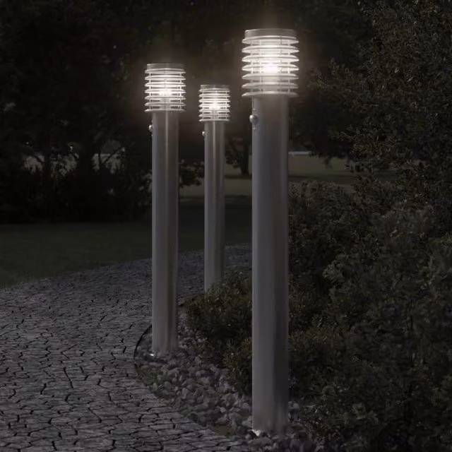 Berkfield Home Set of 3 Silver Stainless Steel Outdoor Motion Sensor Floor Lamps, Height: 110 cm – 1