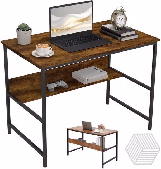 FORGEVIO 2-Tier Industrial Computer Desk with Metal Frame and MDF Storage in Brown, W: 120 cm, D: 60 cm, H: 75 cm