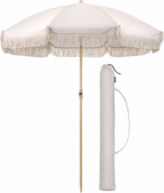 Christow Portable White Cotton Tassel Parasol with Steel Central Pole
