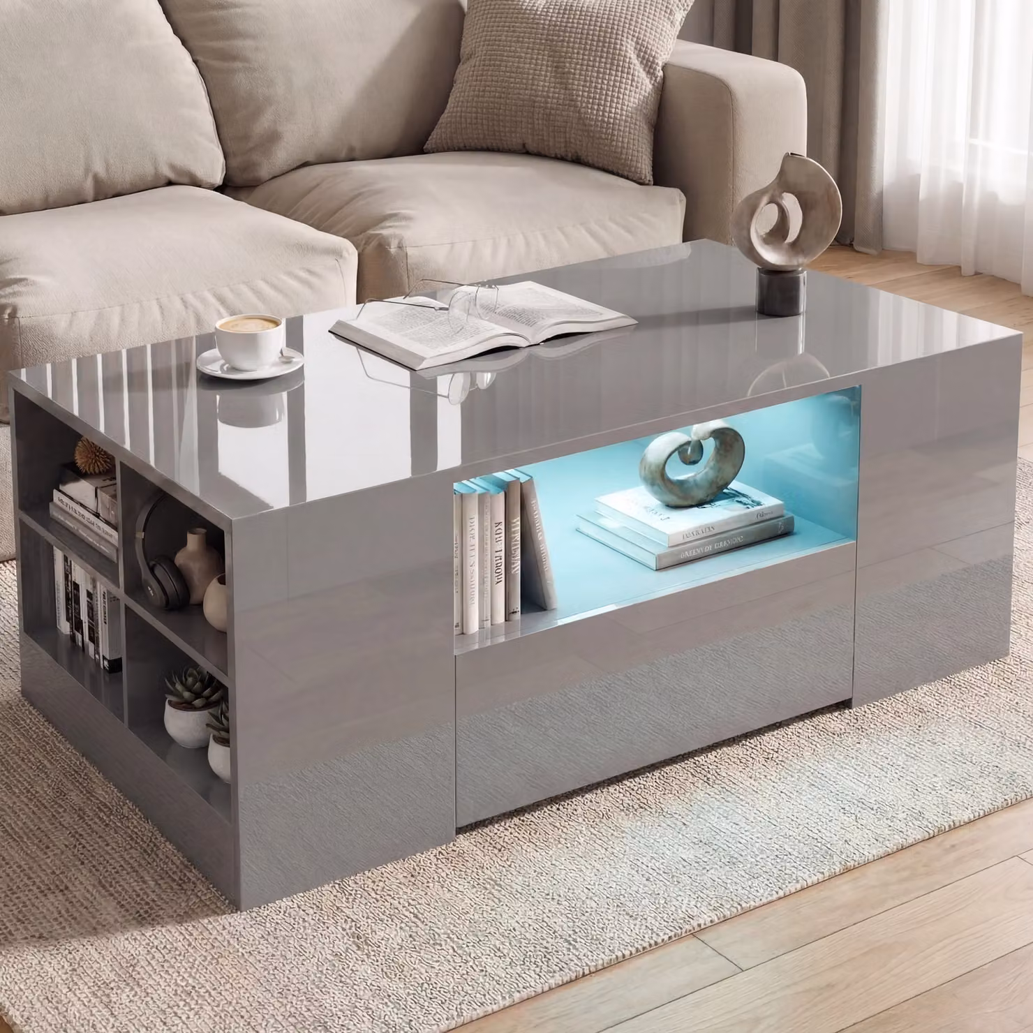 DHS Grey High Gloss Modern Rectangular Coffee Table with LED Lights and Storage Drawers W/D/H: 95 x 55 x 37 cm