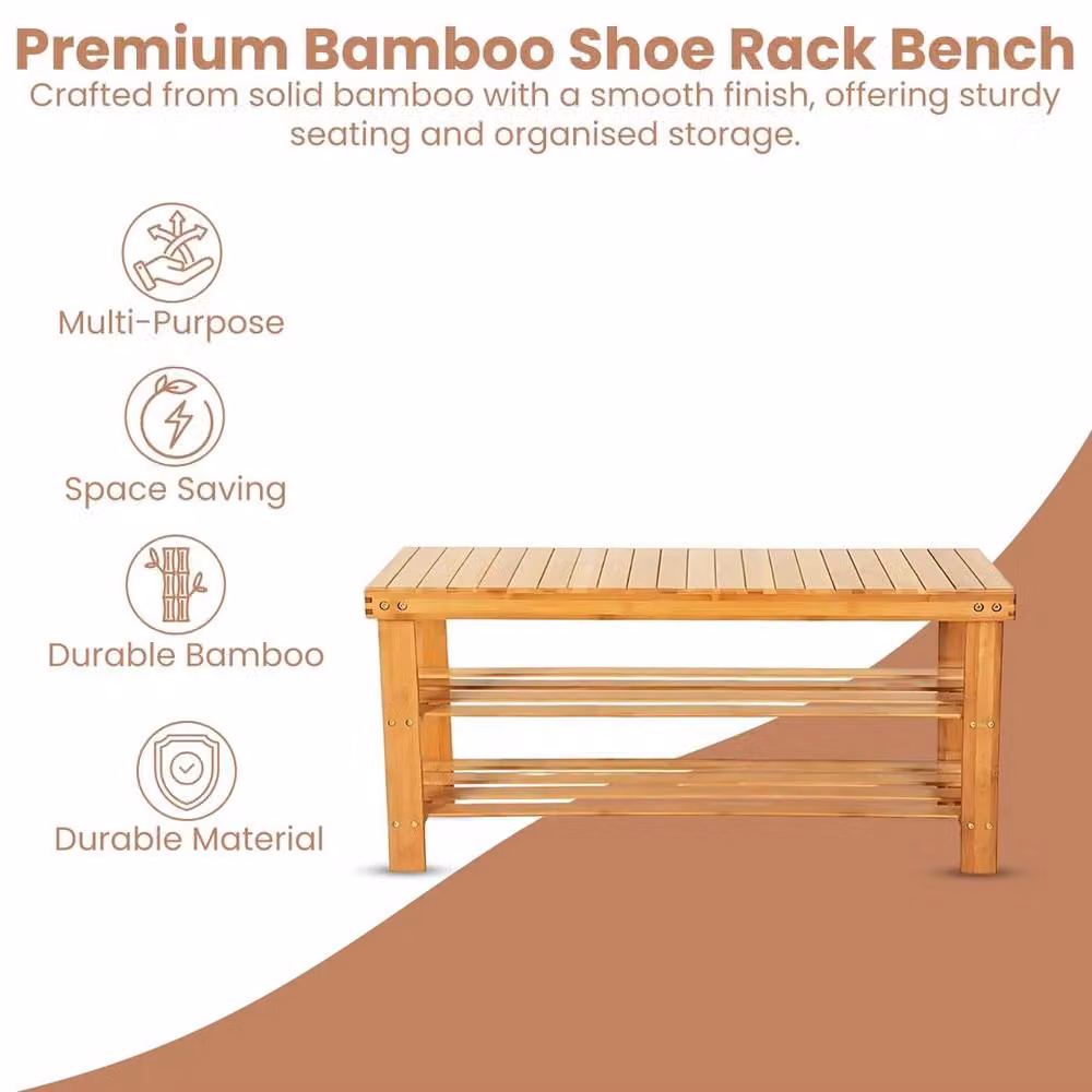 EONLION 2 Tier Bamboo Shoe Rack Seating Bench in Brown – 2