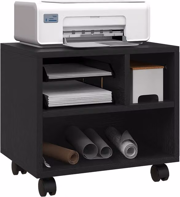 Rolipo 3-Compartment Mobile Printer Cabinet with Castors, Black