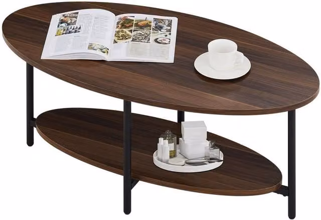 FORGEVIO Brown Oval 2 Tier Wood and Metal Coffee Table with Adjustable Foot Pads