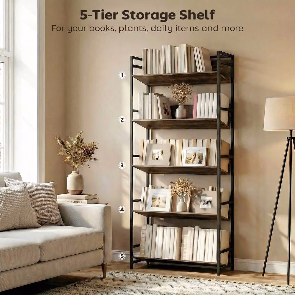 HOMCOM 5-Tier Industrial Bookcase in Brown with Anti-Slip Design – 4