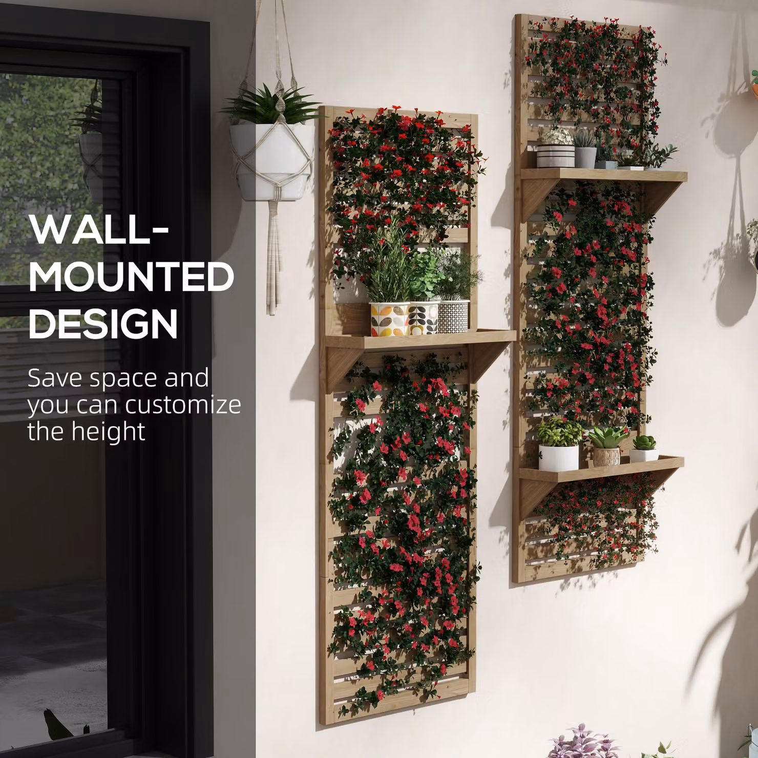 Outsunny Set of 2 Brown Fir Wood Wall Mounted Plant Stands with Shelves and Slatted Trellis – 5