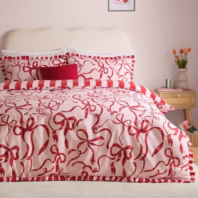 Furn La Vie En Bows Reversible Striped Duvet Cover Set in Pink, Shabby Chic Style, W: 180 cm, H: 200 cm
