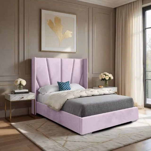 KDMD Godmanchester Wide Curved Pink Soft Velvet Upholstered Designer Bed Frame, Super King, 200 x 200 cm