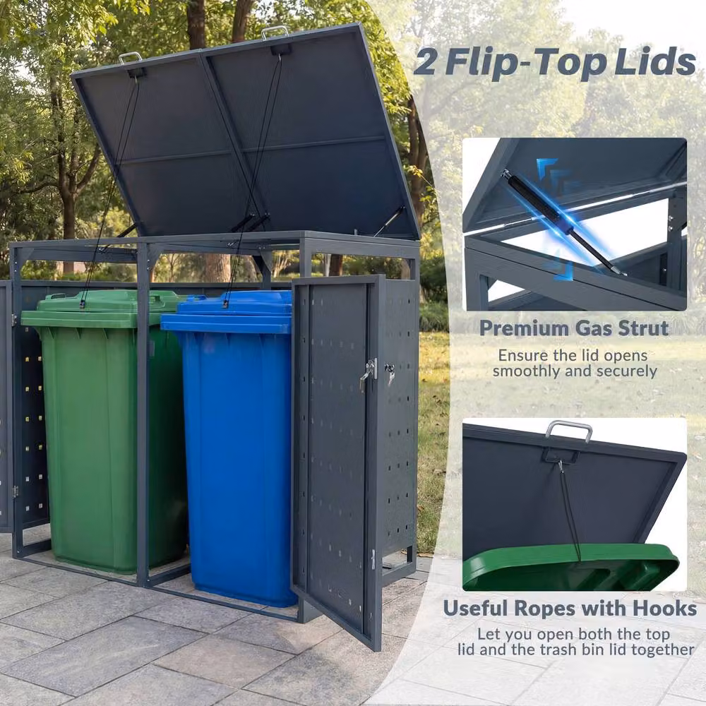 Costway Outdoor Metal Garbage Bin Storage Shed for 2 Trash Cans in Grey – 5