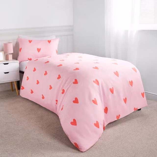 OHS Reversible Gingham Heart Duvet Cover, Pink, 90 x 200 cm