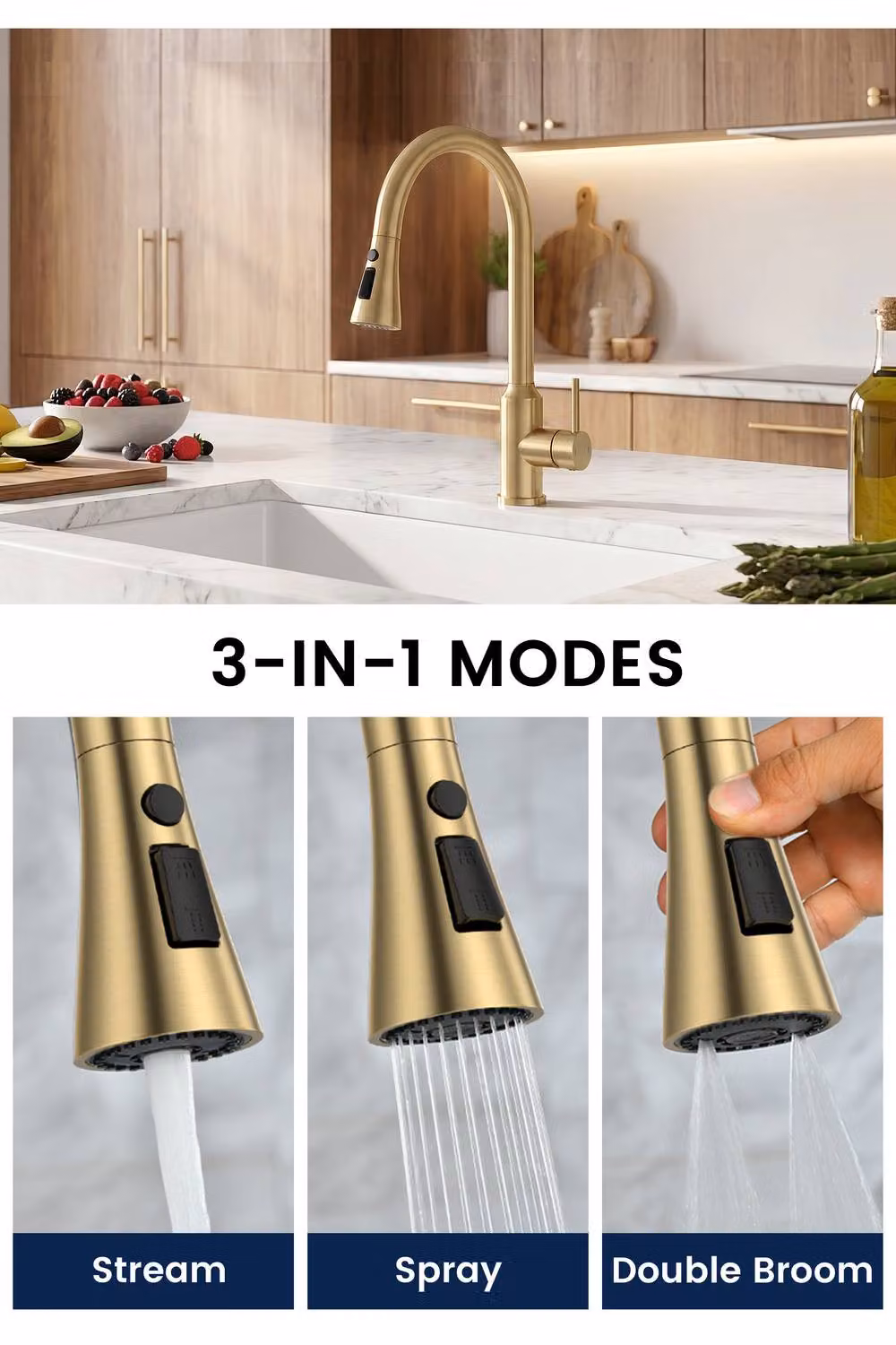 JANLEMNY Brushed Gold Pull Out Kitchen Mixer Tap with High Arch Spout and Spray Function – 2