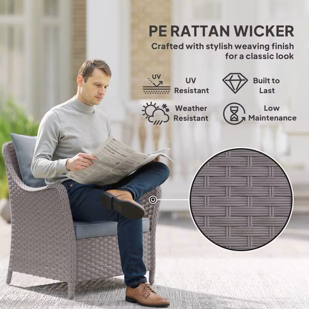 STILVORA Set of 2 Rattan Garden Armchairs with Grey Cushions – 4