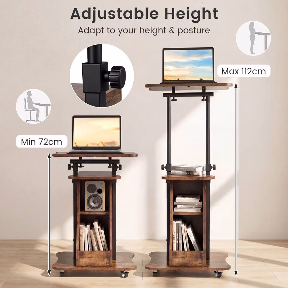 Gymax Height Adjustable Rolling Podium Stand with Tilting Top in Rustic Brown – 9