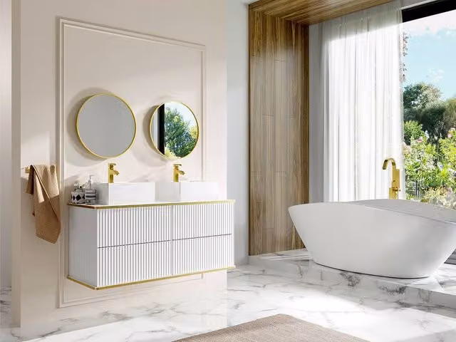 Vente-unique Keliza Ribbed Suspended Bathroom Vanity in White with Gold Trim, W: 120 cm, D: 47 cm, H: 54 cm – 1