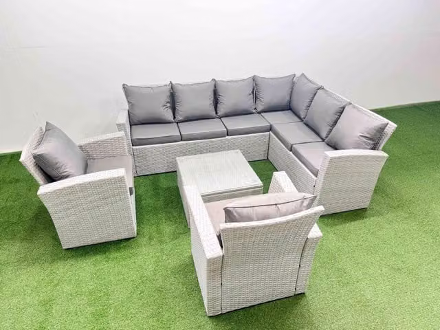 Fimous 8 Seater Rattan Garden Furniture Set in Light Grey with L-Shape Sofa, Coffee Table and Weather Resistant Cushions