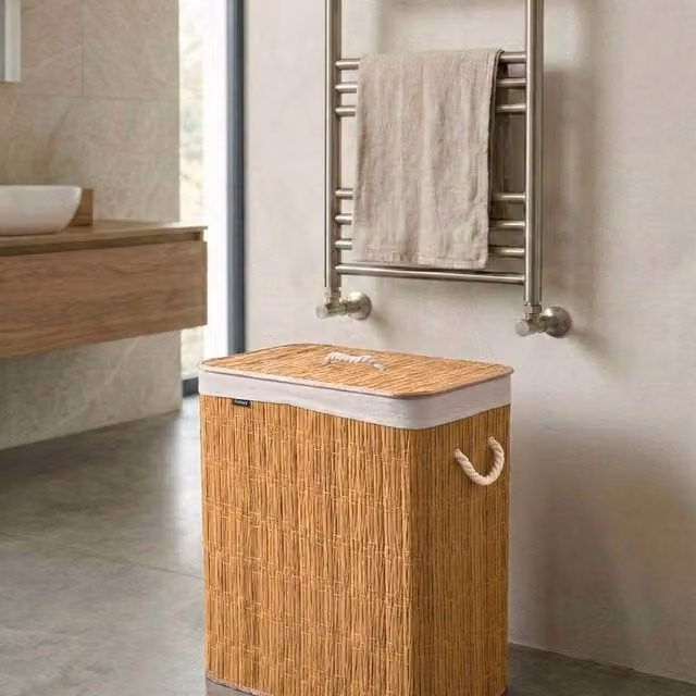 Wyld and Coco Brown Foldable Two Compartment Laundry Basket with Lid and Removable Bags, 100L