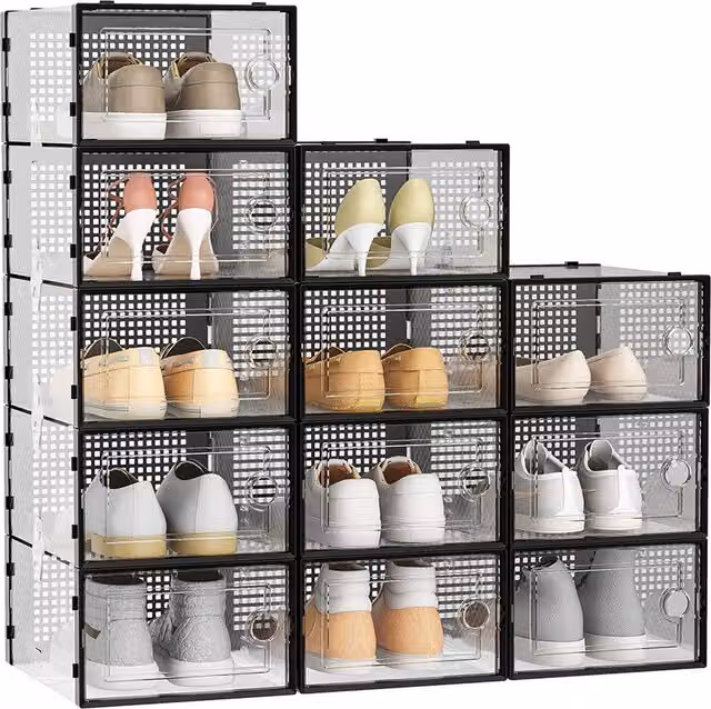 Livingandhome Set of 12 Stackable Clear Acrylic Shoe Boxes in Black, 33.5 cm