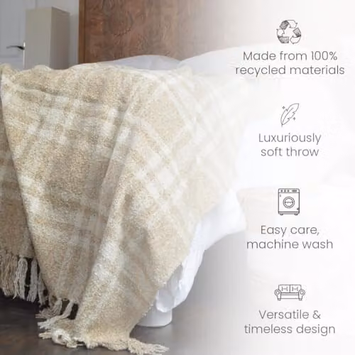 Allure Home Fashions Beige Checked Polyester Throw Blanket with Fringes W: 150 cm, D: 200 cm – 2
