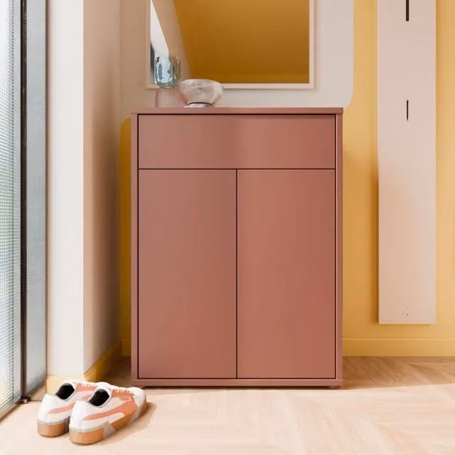 Furniture To Go Alice Springs Modern Shoe Cabinet with 2 Push-to-Open Doors and 1 Internal Drawer in Light Grey and Terracotta