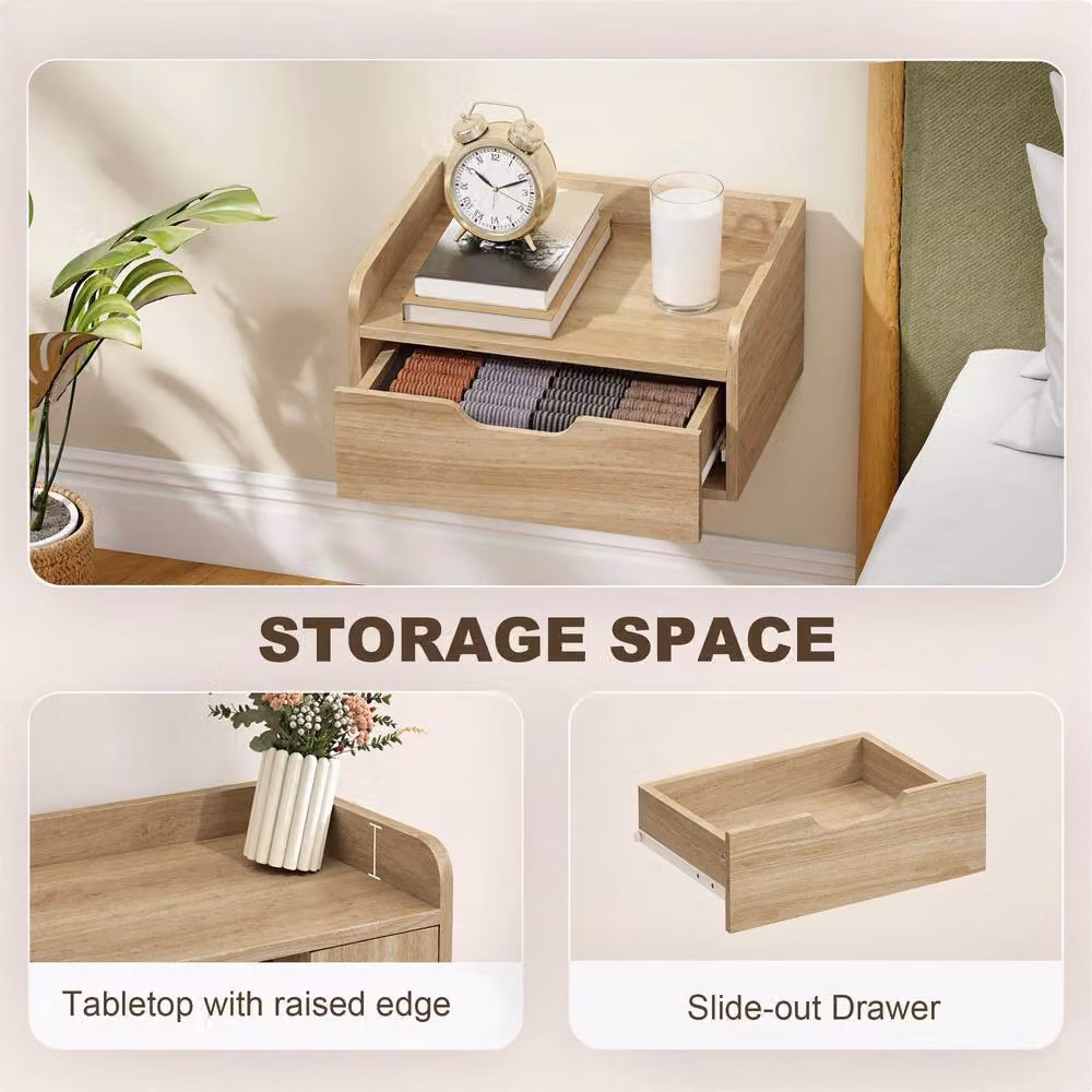 STILVORA Set of 2 Floating Bedside Tables with Drawer in Natural Brown and Beige – 4