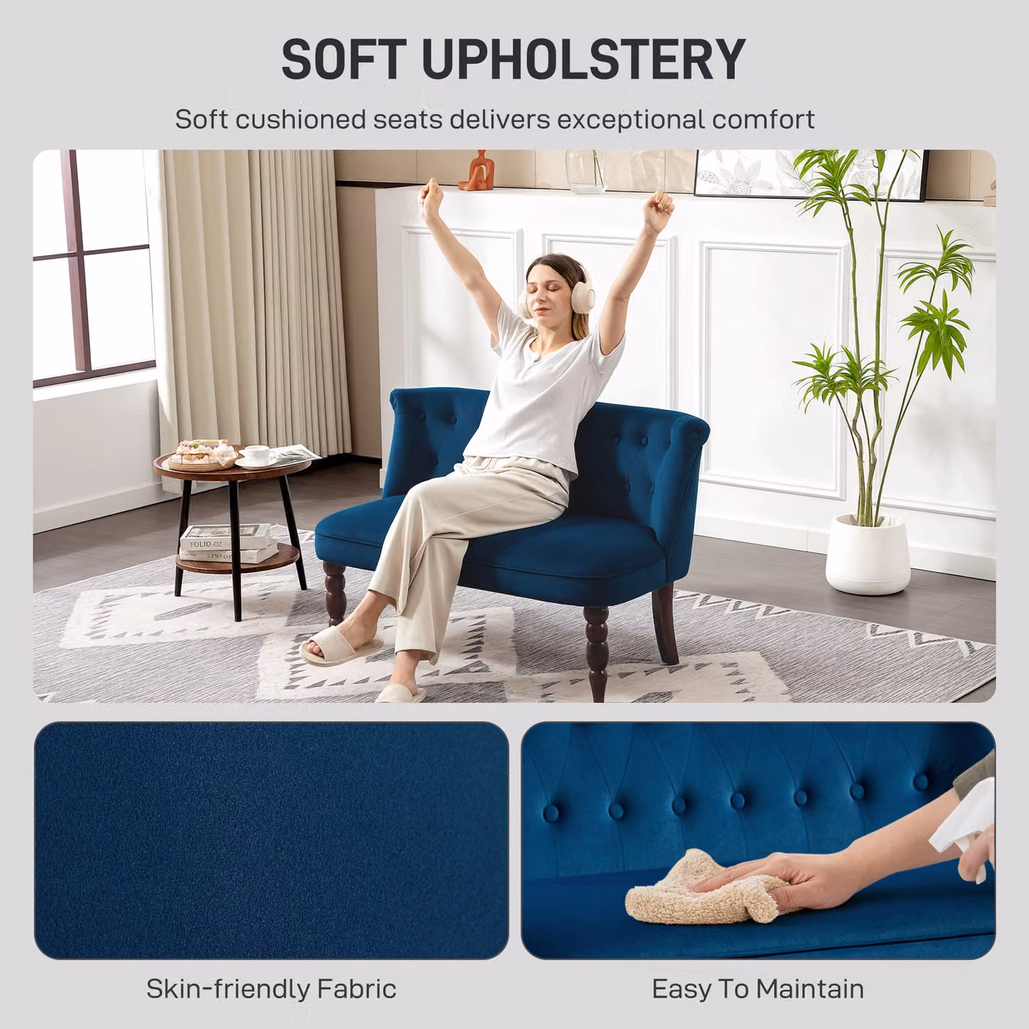 HOMCOM 2 Seater Velvet Wingback Loveseat in Blue with Rubberwood Legs – 4