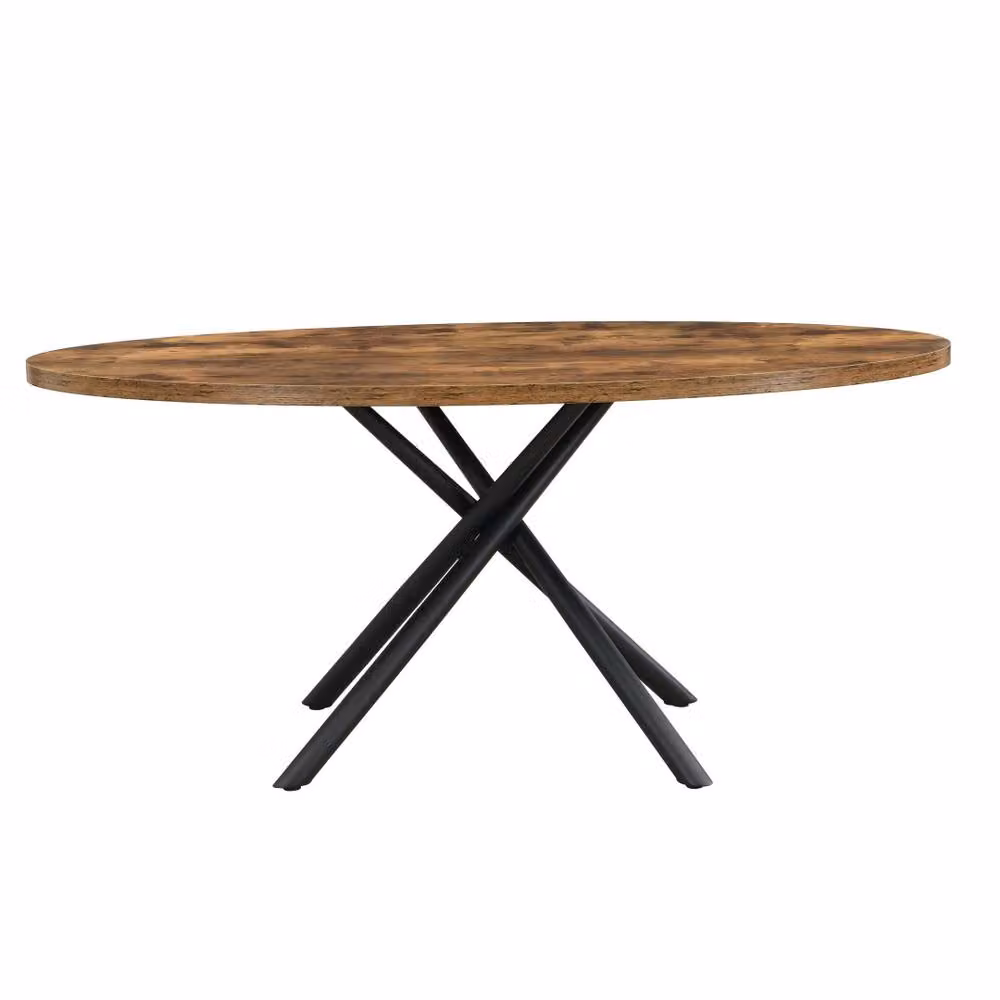 Mona Vale Furniture Modern Oval Dining Table with Brown Wood Top and Black Metal X-Frame Base – 2