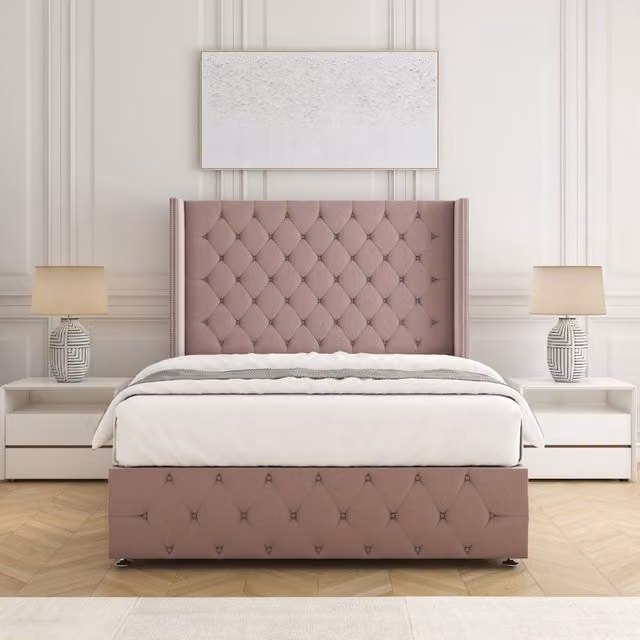 BSSPOKE Mayfair Plush Velvet Divan Bed with 54 inch Headboard and Mattress in Pink, W/D/H: 180 x 200 cm