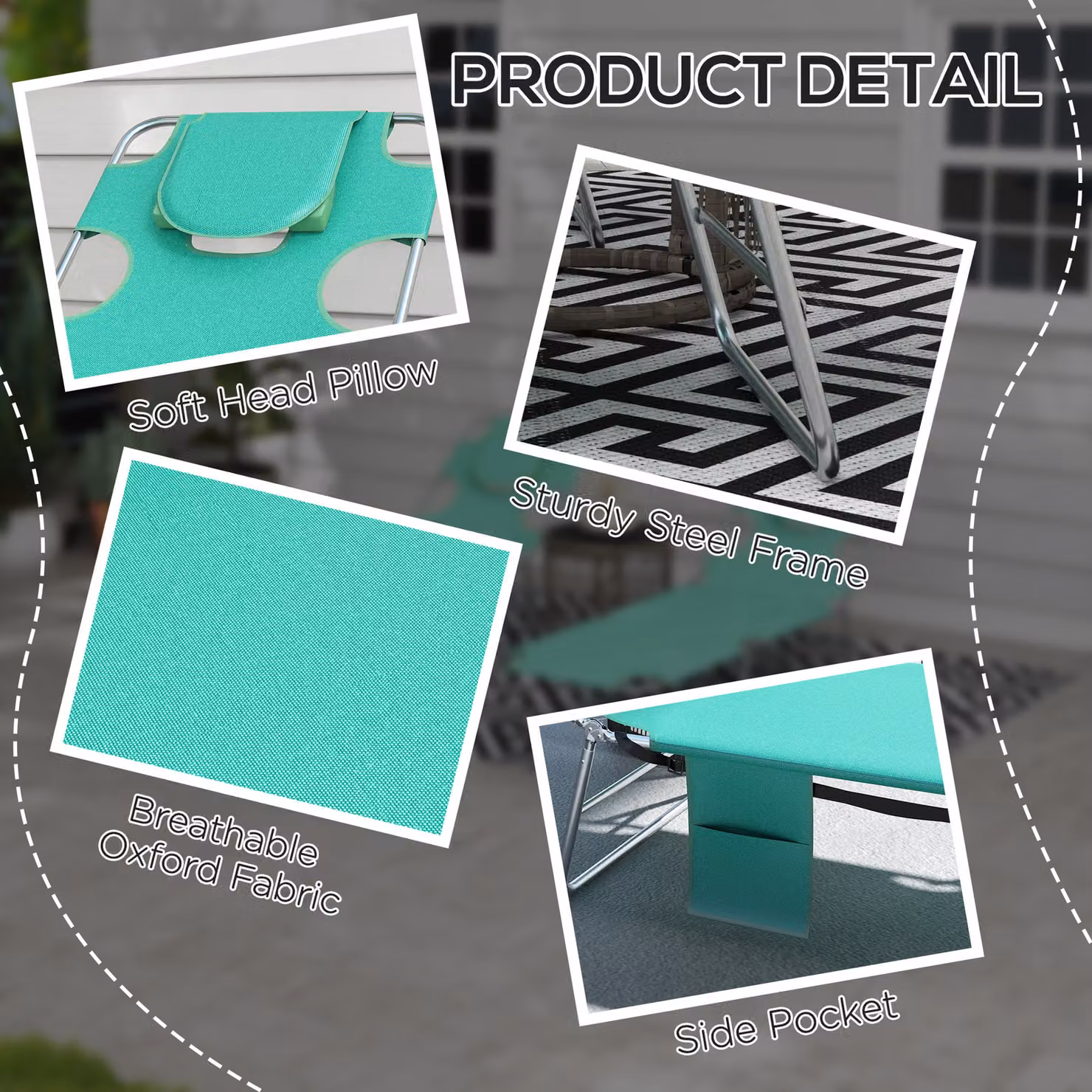 Outsunny Set of 2 Foldable Sun Loungers in Turquoise with 5-Level Adjustable Backrest and Reading Hole – 6